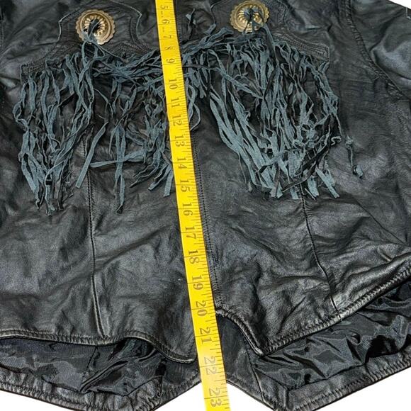 Vintage 70s Pioneer Wear Black Leather Fringe Western Jacket Size 12/ MEDIUM - Picture 11 of 16